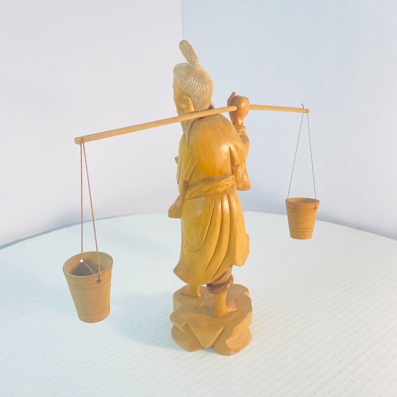 Vintage Hand Carved Wooden Asian Carrying Water Figurine Chinese Sculpture 10" - Picture 11 of 16